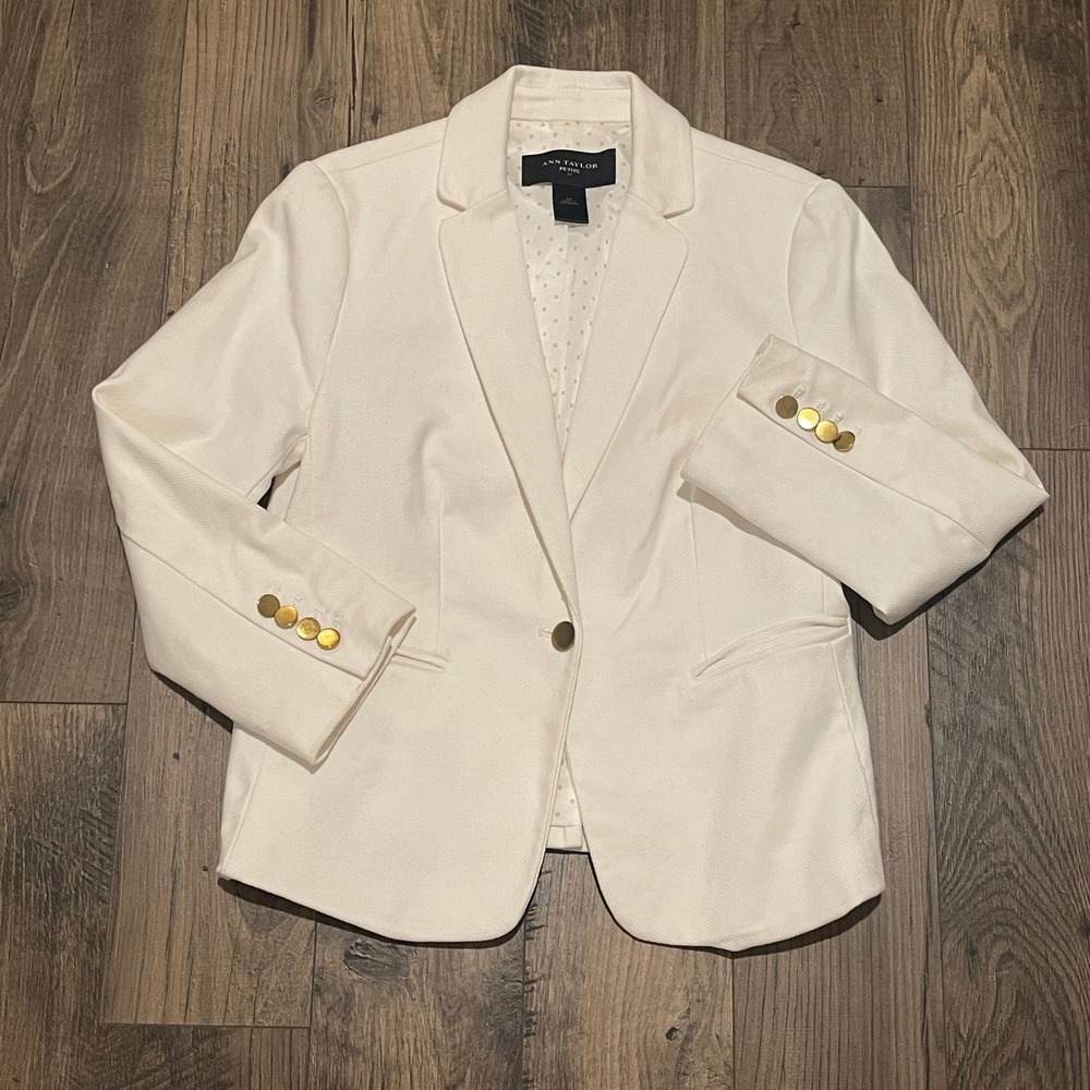 Ann Taylor Petite White Textured Single Button Blazer Gold Buttons Size 4P